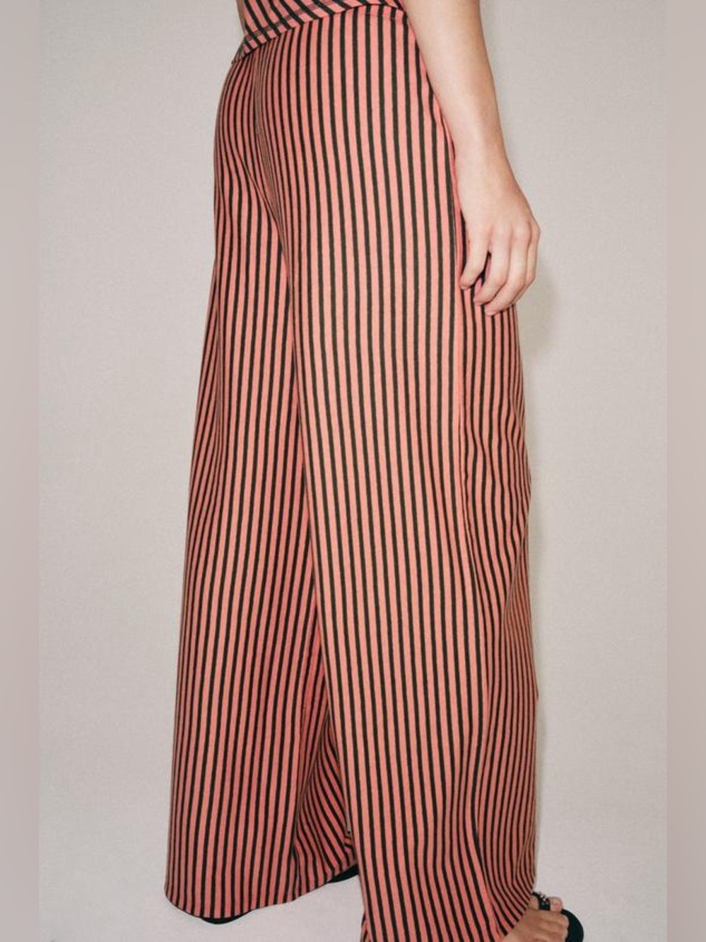 Zara Linen Blend Pink & Green Vertical-Stripe Wide Leg Flowy Pants Size S